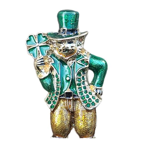 Napier Leprechaun Brooch Clover St Patrick's Day Gold Tone Enamel Rhinestones - Picture 2 of 3
